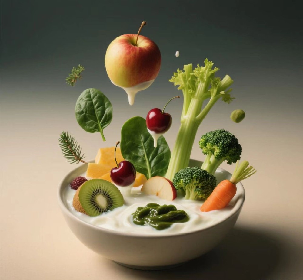 Kiwi, apple, acerola cherry, spinach, celery, broccoli, kale, carrot, spirulina compound fruit and vegetable yogurt