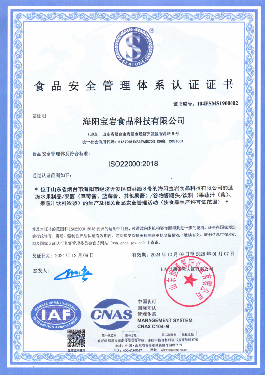 Food Safety Management System Certification Certificate